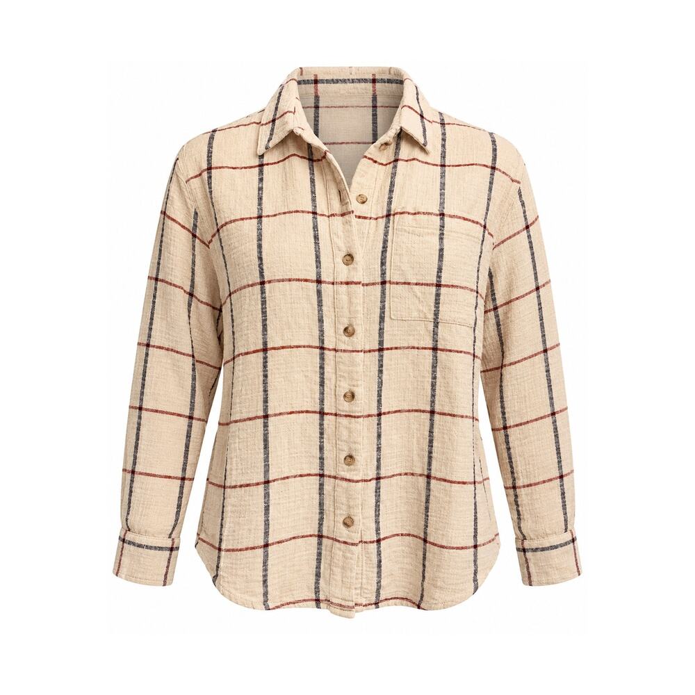 Madewell Cotton Plaid Shirt |Beige Burgundy Windowpane Heritage Casual
